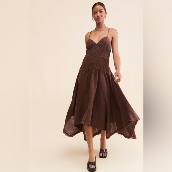 Free People Dresses & Skirts - NWNT Free People Verbena Midi Dress  asymmetrical hem in chocolate Brown SZ S L